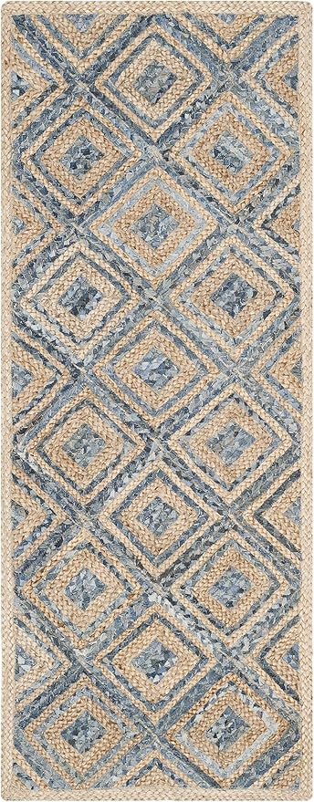 SAFAVIEH Cape Cod Collection Runner Rug - 2'3" x 6', Natural & Blue, Handmade Flat Weave Diamond Braided Jute & Denim, Ideal for High Traffic Areas in Living Room, Bedroom (CAP354A)