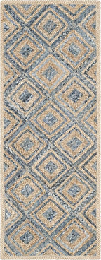 SAFAVIEH Cape Cod Collection Runner Rug - 2'3" x 14', Natural & Blue, Handmade Flat Weave Diamond Braided Jute & Denim, Ideal for High Traffic Areas in Living Room, Bedroom (CAP354A)