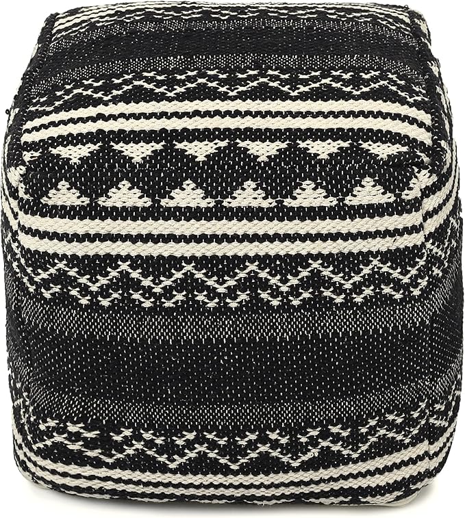 REDEARTH · UNSTUFFED Pouf Ottoman Cover Textured Storage Cube Bean Bag Poof Pouffe Footrest for Living Room, Bedroom, Patio, Gym; 100% Cotton (18"X18"X18", Ziggurat Obsession Black)