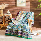 Boho Throw Blanket 100% Cotton Muslin Woven Blanket Bohemian Bed Throws Vintage Rustic Farmhouse Decor Reversible Bed Blanket Quilt for All Seasons（Blue 60"x80"）