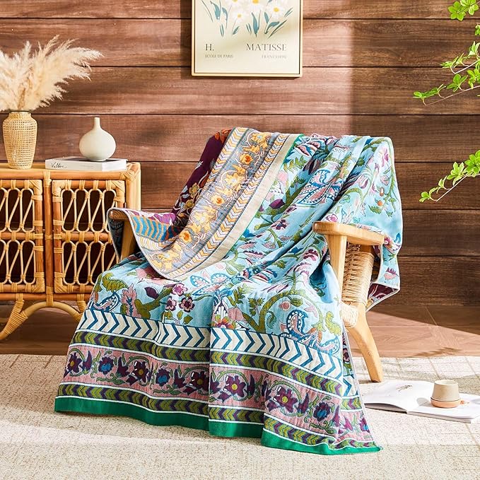 Boho Throw Blanket 100% Cotton Muslin Woven Blanket Bohemian Bed Throws Vintage Rustic Farmhouse Decor Reversible Bed Blanket Quilt for All Seasons（Blue 90"x98"）