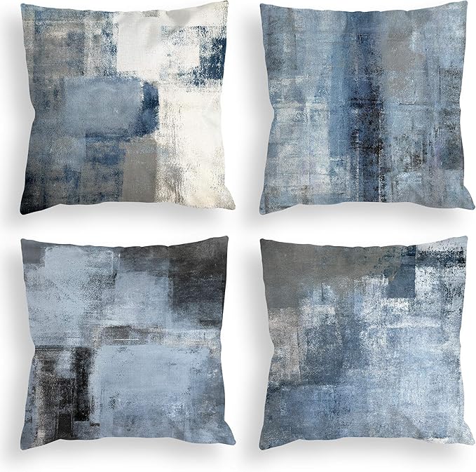 COLORPAPA Blue Throw Pillow Covers 20x20 Set of 4 Decorative Cushion Cover Grey Abstract Art Painting Pillowcase for Sofa Bedroom Living Room Décor