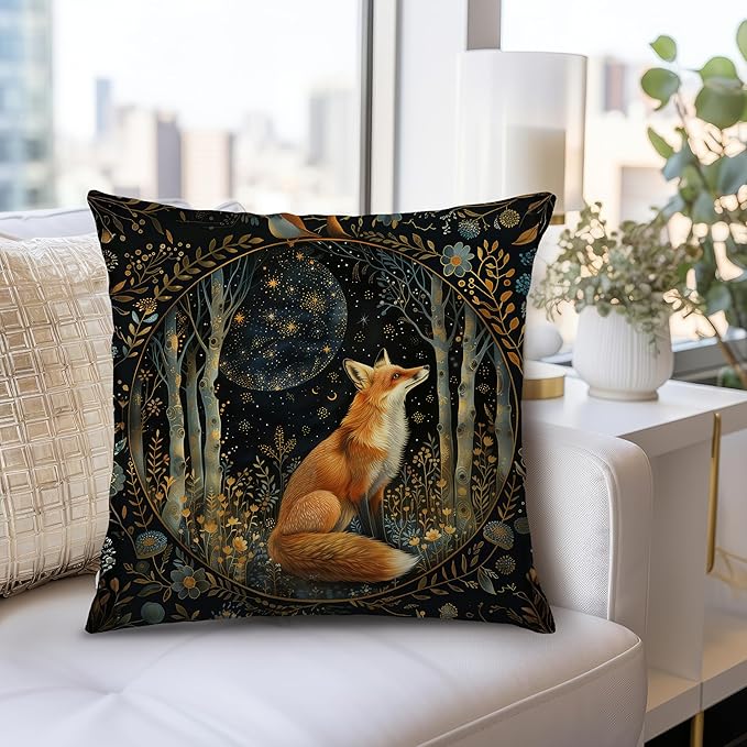 Vintage Dark William Morris Fox Floral Print Pillow Covers 18x18,Cottagecore Fox Decor,Dark Dcademia Animal Floral Decorative Throw Pillow Covers for Home Bedroom Living Room