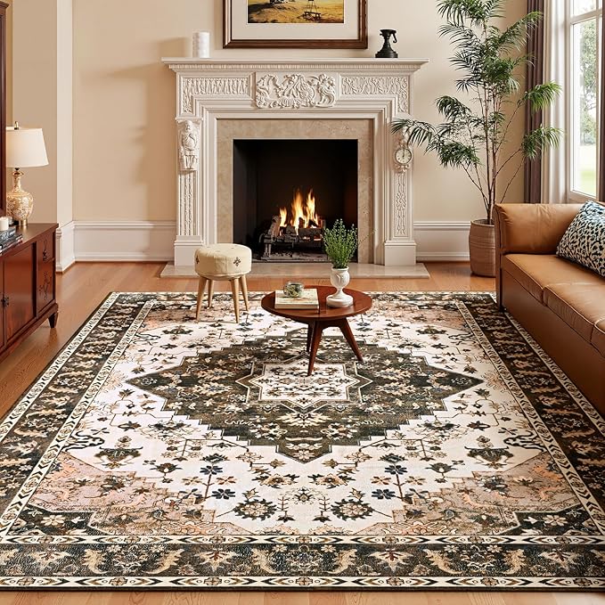 Amearea Vintage Design Area Rugs for Living Room, 6x9 Machine Washable Floral Collection Traditional Bedroom Rug, Low Pile Cute Kids Room Print Carpet, No Slip Office Kitchen Home Decor, Brown