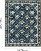 Lessymo Floral Living Room Rug 8x10 Area Rugs, Vintage Washable Rugs for Dining Room Bedroom, Low Pile Non Slip Rubber Mat, Distressed Indoor Boho Carpet, Navy/Beige