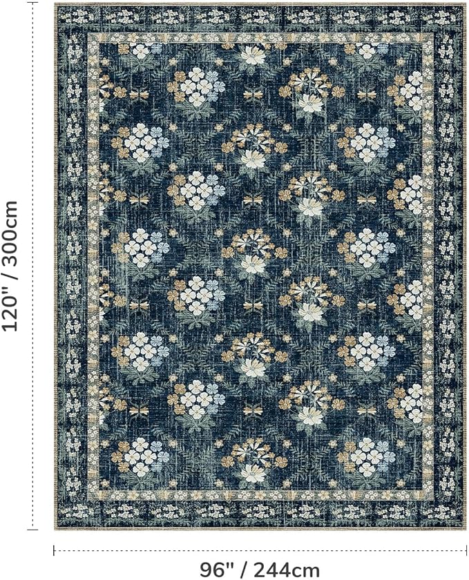 Lessymo Floral Living Room Rug 8x10 Area Rugs, Vintage Washable Rugs for Dining Room Bedroom, Low Pile Non Slip Rubber Mat, Distressed Indoor Boho Carpet, Navy/Beige