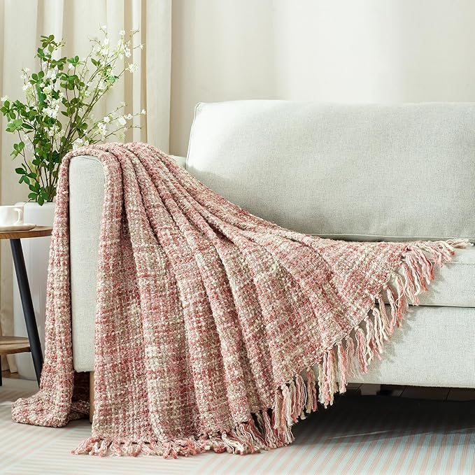 Multi-Color Light Pink Cable Woven Throw Blanket for Couch,50"X60" Boho Style Textured Blankets for Home Decor,Super Soft Warm Cozy Chunky Blanket with Decorative Tassels for Bed