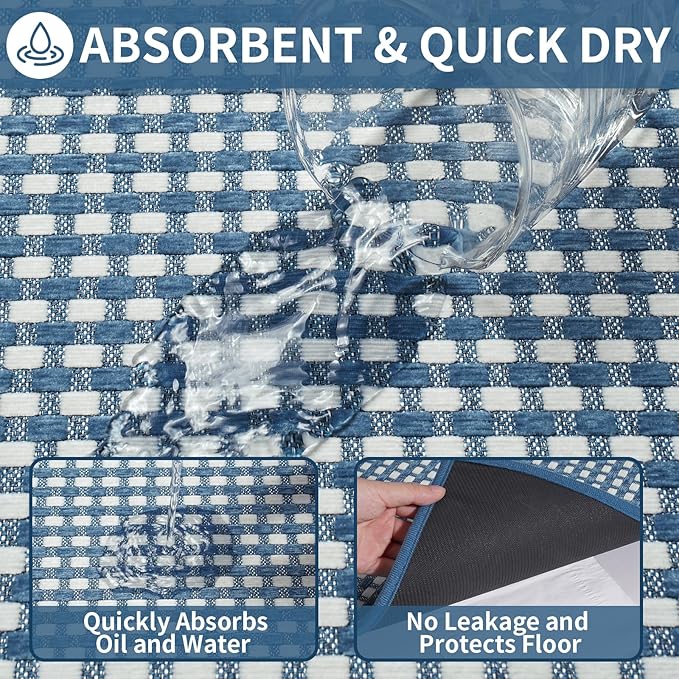 Long Kitchen Runner Rugs Kitchen Mat Non Slip Washable, Super Absorbent Soft Chenille Braided Kitchen Mats for Floor, Rubber Backing Kitchen Floor Sink Standing Mat, Easy Clean, Blue 17"x71"