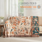 Boho Throw Blanket for Bed 90”x98”, 100% Cotton Woven Blanket for Couch Sofa, Ultra Soft 4-Layer Muslin Quilt with Floral Printed, Farmhouse Bed Blanket/Cover for Living Room Decor