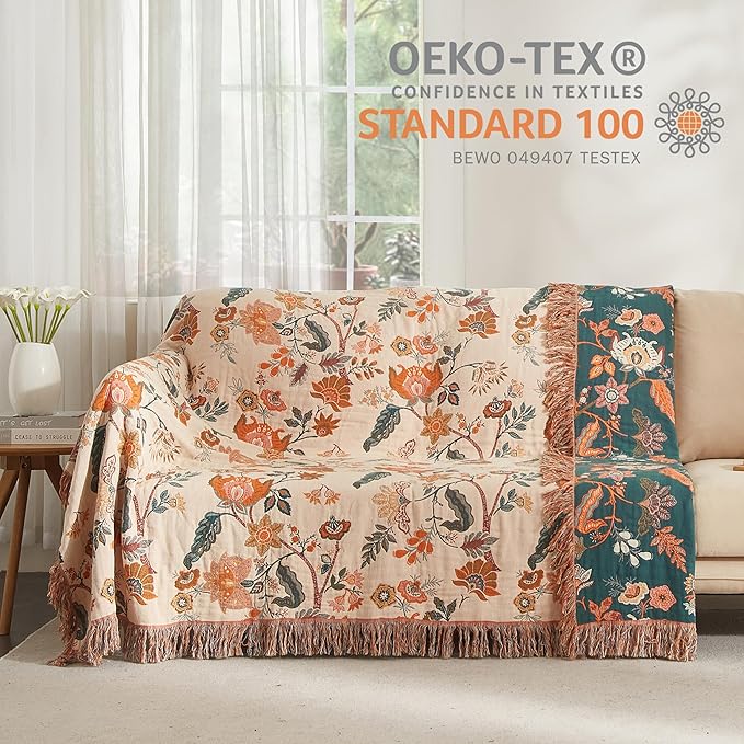 Boho Throw Blanket for Bed 90”x108”, 100% Cotton Woven Blanket for Couch Sofa, Ultra Soft 4-Layer Muslin Quilt with Floral Printed, Farmhouse Bed Blanket/Cover for Living Room Decor