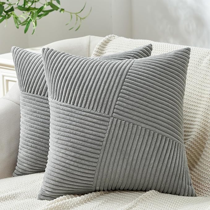 Topfinel Set of 2 LightGrey Decorative Throw Pillow Covers 18x18 Inch for Couch Sofa Bed, Farmhouse Boho Rustic Home Decor,Soft Corduroy Windmill Textured Striped Patchwork Cushion Cases