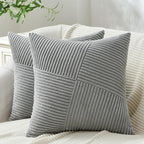 Topfinel 24x24 inches Euro Pillow Shams Set of 2 Grey Corduroy Decorative Throw Pillow Covers for Bedroom Living Room, Windmill Textured Striped Patchwork Couch Pillow Covers 60x60 cm