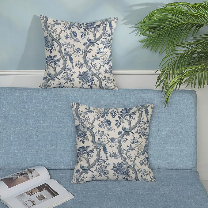 Chinoiserie Floral Birds Pillow Covers 18x18 Set of 2 Blue and Cream Spring Flower Decoratiove Pillowcase Vintage Outdoor Decor Throw Pillows for Couch Farmhouse Cushion Case for Home Sofa