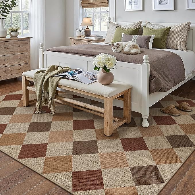 6x9 Checkered Easy Jute Area Rug for Living Room Large Checkerboard Washable Indoor Outdoor Carpet Farmhouse Patio Office Mat Geometric Non Slip Brown-Beige Carpet for Backyard Dining Room