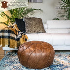 Moderner Faux Leather Pouf Unstuffed Ottoman Moroccan Footstool, Floor Footrest Cushion, Storage Solution - Natural Brown Color (Mocha, Round)