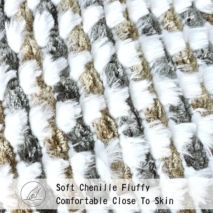 Boho Chenille Tufted Pillow Cover 18x18 Inch Set of 1, Farmhouse Striped Decorative Pillow Covers Accent Fluffy Neutral Square Pillowcases for Couch Sofa Bedroom Living Room, Brown Gray