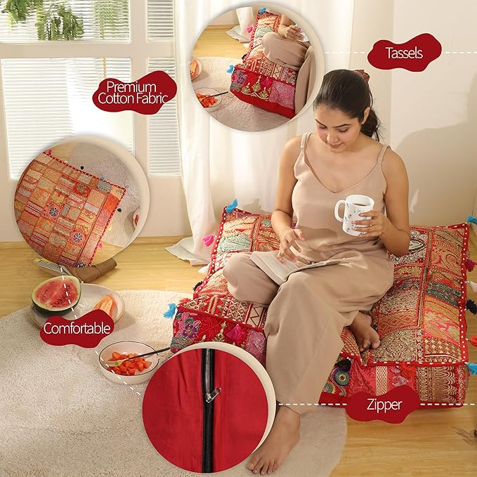 THE ART BOX Cotton Patchwork Vintage Boho Embroidered Floor Pillows & Cushion Cover Dog Pouf Seating Pouf Meditation Pillow Pet Bedding Cat Bed Boho Home Décor (35x35 Inches, Cover Only)