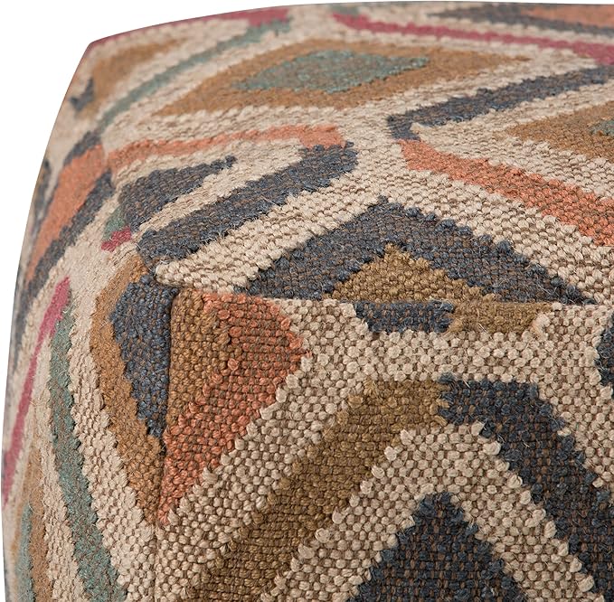 SIMPLIHOME Johanna Square Pouf - 20 inch Wide Upholstered Cotton and Jute Kilim Ottoman in Multi-Color, Boho Footstool or Extra Seating for Living Room with Polystyrene Bead Filling, Assembled