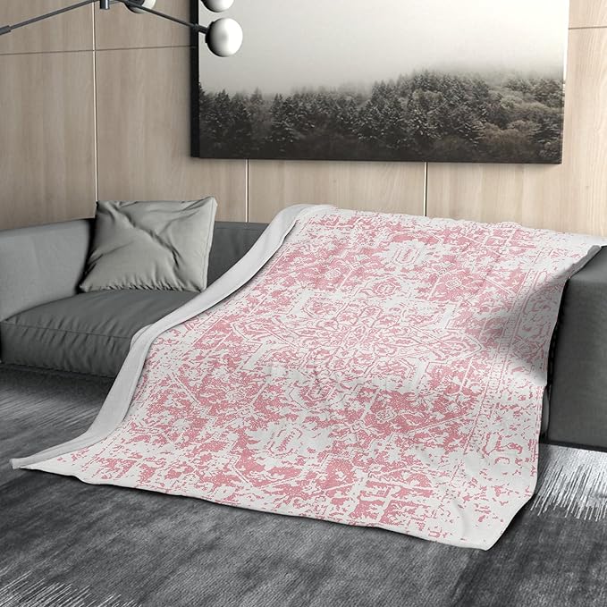 aportt Pink White Boho Blanket Soft Flannel Lightweight Preppy Bohemian Throw Blanket Cozy Warm Cute Aztec Geometric Blankets All Seasons Living Room Decor for Couch Chair Bed Sofa Office 40x50 inch