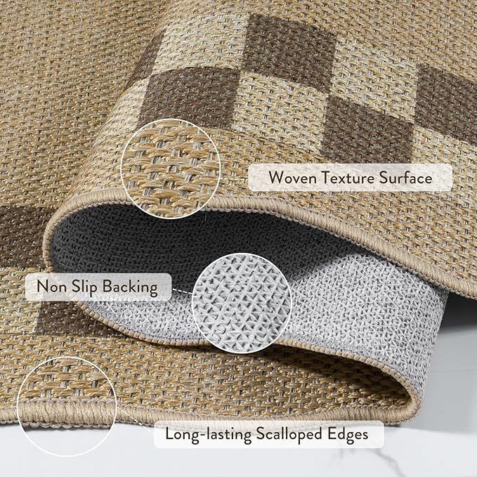 LIVEBOX Scalloped Easy Jute Checkered Runner Rug for Kitchen, Washable 2x8 Tan Rugs for Hallway Runner Entryway, Geometric Indoor Outdoor Non Slip Rug Farmhouse Modern Carpet Door Mat for Porch