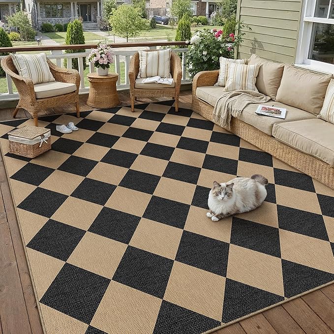 6x9 Checkered Easy Jute Area Rug for Living Room Large Checkerboard Washable Indoor Outdoor Carpet Farmhouse Patio Office Mat Geometric Non Slip Black Carpet for Backyard Dining Room
