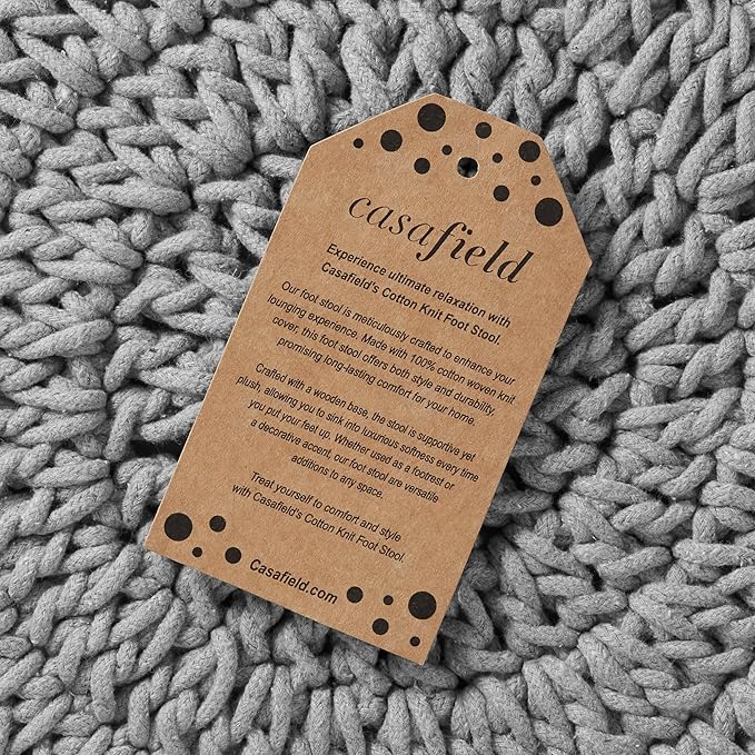 Casafield Pouf Ottoman Footstool, 13" Round x 11" High, Hand-Knitted Cotton Footrest, Non-Skid Wood Legs, Boho Foot Stool for Living Room, Bedroom (Light Gray)