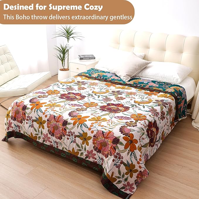 Queen Boho Throw Blanket for Bed, 100% Cotton Muslin Soft Throw-Floral Farmhouse Rustic Decor Blanket for Couch Sofa Quilt and Gift, 80" x 90"-BeigeWhite