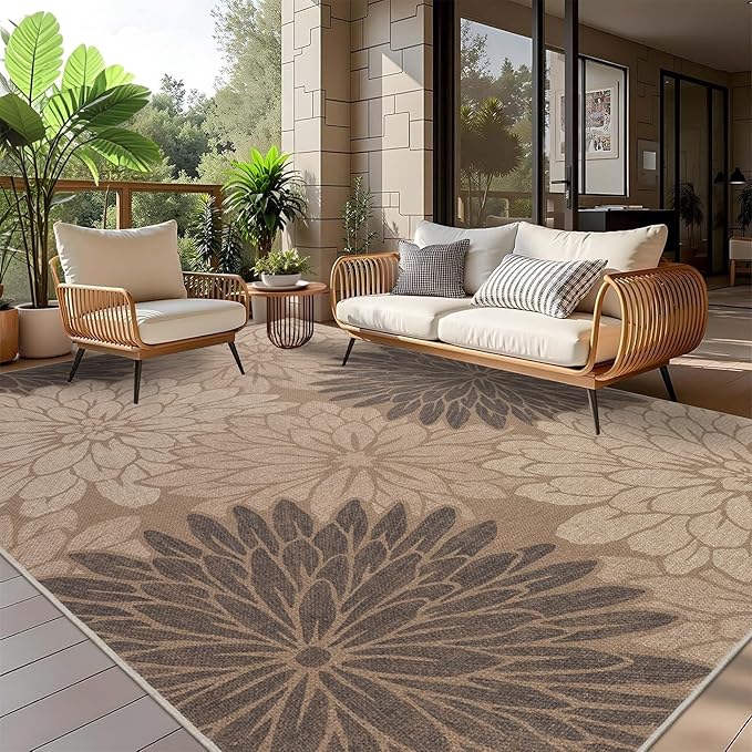 Floral Easy Jute Rug 6x9 Outdoor Rug Washable Area Rugs for Living Room Bedroom Non Slip Neutral Farmhouse Indoor Outdoor Carpet for Backyard Patio Office