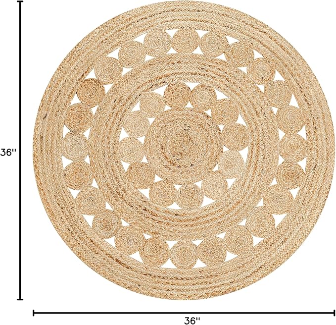 Hand Woven Jute Area Rug - 3' Round - Rustic Beige Reversible Farmhouse Rugs for Living Room, Bedroom, Kitchen - Vintage Natural Braided Entry Floor Décor Circle Boho Round Jute Rug 3ft