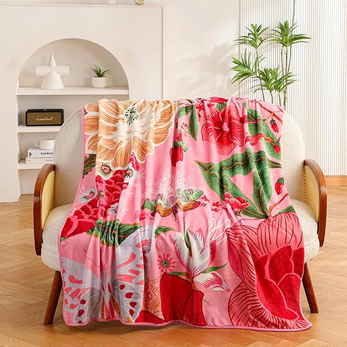 Pink Boho Floral Flannel Fleece Twin Blanket – Soft, Warm & Lightweight Fuzzy Blanket for Couch, Bed, or Sofa Decor, Cute Botanical Design Throw for Women & Girls, 60''x80''