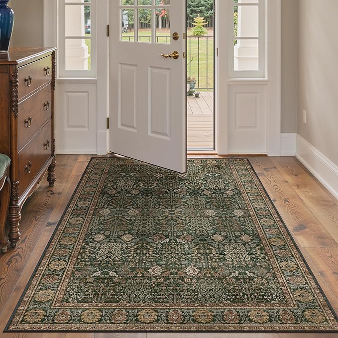 Bavni Washable Rugs 4x6-Machine Washable Rug Lightweight Low Pile, Vintage Floral Rug Non-Shedding Distressed Throw Carpet for Living Room Bedroom Office, Dark Green/Multi