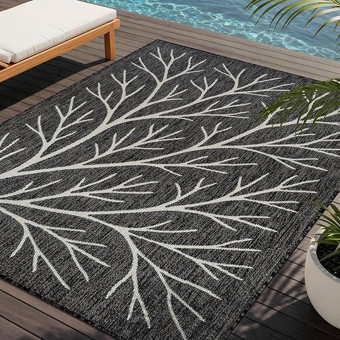 Washable Indoor Outdoor Rug 8x10 Modern Area Rugs Branch Pattern Non Shedding Waterproof Easy Clean Patio Deck Porch Living Room Bedroom Garden RV (8 X 10 Dark Gray)