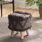Dark Brown Handcrafted Wool & Cotton 16x16 Foot Stool - Boho Style Ottoman Foot Rest for Living Room