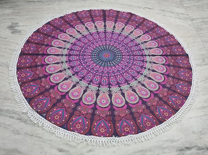 Round Beach Tapestry Turquoise Mandala Throw/Boho Hippie Beach Blanket Roundie/Indian Cotton Bohemian Large Round Table Cloth-Home Decor/Yoga Mat Meditation Picnic Rug (42", White And Pink)