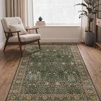 Bavni Washable Rugs 4x6-Machine Washable Rug Lightweight Low Pile, Vintage Floral Rug Non-Shedding Distressed Throw Carpet for Living Room Bedroom Office, Dark Green/Multi