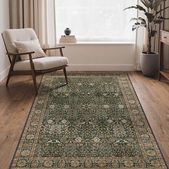 Bavni Washable Rugs 4x6-Machine Washable Rug Lightweight Low Pile, Vintage Floral Rug Non-Shedding Distressed Throw Carpet for Living Room Bedroom Office, Dark Green/Multi