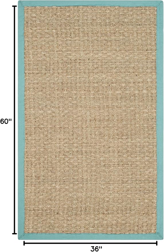 SAFAVIEH Area Rug 3x5 - Natural Fiber Collection - Natural & Teal, Seagrass, Basketweave Pattern with Border (NF114R)