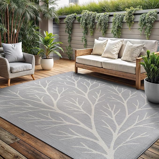 Washable Indoor Outdoor Rug 8x10 Modern Area Rugs Branch Pattern Non Shedding Waterproof Easy Clean Patio Deck Porch Living Room Bedroom Garden RV (8 X 10 Gray)