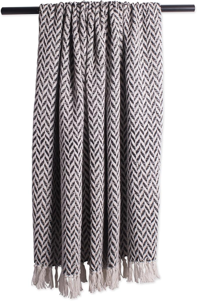 DII Modern Zig Zag Throw Blanket Woven Cotton, Hand-Knotted 2.5" Fringe, 50x60, Black