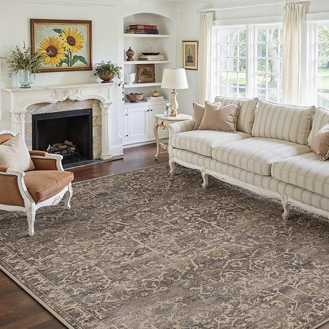 HUGEAR Area Rug 6x9 Retro Brown Machine Washable Living Room Rugs Distressed Vintage Floral Vacuumable Low Pile Carpet Bedroom Office Dining Room Laundry Room Non Slip Soft Lightweight