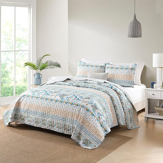 Boho Style Queen Quilt Set Reversible Bohemian Paisley Teal Quilt Beddding Set, Soft and Lightweight Bedspread for All Season, Full Size Bed Coverlet with 2 Matching Pillow Shams (3 Pieces)