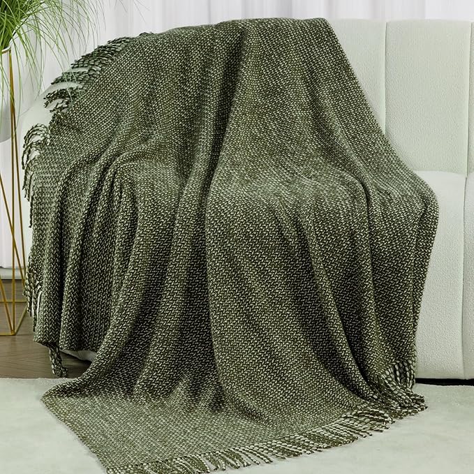Blagic Knitted Throw Blanket for Couch, Soft Farmhouse Throw Blanket with Tassels,Home Decorative Lightweight Blankets,Spring Throws for Bed/Chair/Sofa,Wheat Textured (Green & White,60" W x 80" L)