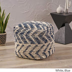 GDFStudio Boho Wool and Cotton LargePouf Ottoman Foot Stool - Bean Bag Floor Chair - Foot Rest Couch for Living Room Bedroom, White and Blue
