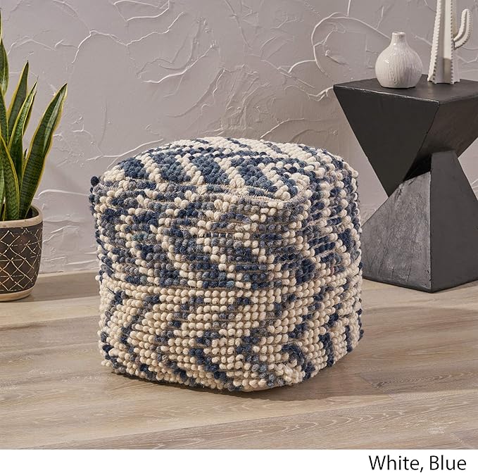 GDFStudio Boho Wool and Cotton LargePouf Ottoman Foot Stool - Bean Bag Floor Chair - Foot Rest Couch for Living Room Bedroom, White and Blue