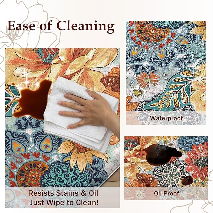 Boho Floral Kitchen Mats for Floor 2PCS Anti Fatigue Mats for Kitchen Floor Cushioned Non Slip Waterproof Memory Foam PVC Kitchen Rugs Set for Sink,Office,Laundry 17.3"x28"+17.3"x47"