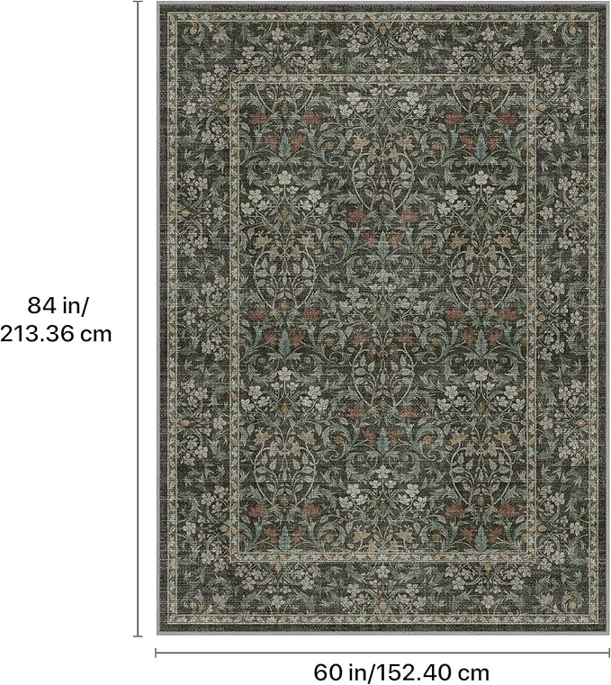 GENIMO 5x7 Washable Area Rug, Non-Slip Vintage Boho Floral Carpet, Soft Low-Pile Thin Bedroom Rug for Living Room, Dining Room, Nursery, Black