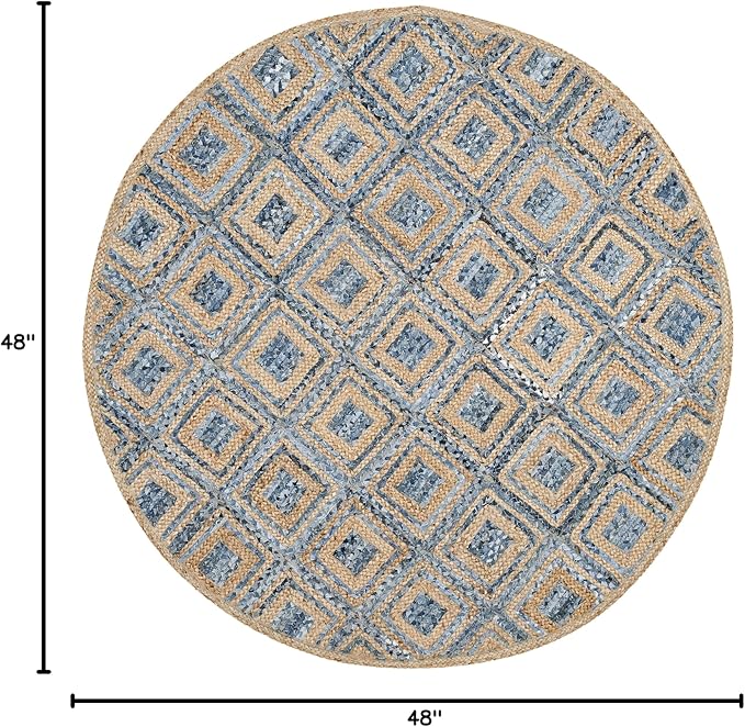 SAFAVIEH Cape Cod Collection 4' Round Natural/Blue CAP354A Handmade Flatweave Boho Coastal Diamond Braided Premium Jute & Denim Entryway Foyer Living Room Bedroom Kitchen Area Rug