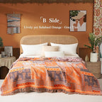 Boho Throw Blanket Twin Size, Soft Cozy Cotton Muslin Quilt Blanket for Bed Decor, Patchwork Block Couch Sofa Chair Cover, Vintage Farmhouse Cottage Tapestry Woven Blanket, Red&Orange