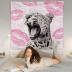 WNAGT Retro Trendy Leopard Tapestry Wall Hanging, Cheetah Leopard Room Decor, Vintage Funky Cheetah Print Lips Wall Blanket Decor for Girls Bedroom Dorm Apartment Home, 50x60 Inch(Pink)