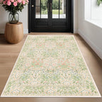 Beige Green 4x6 Washable Area Rug for Living Room, Large Entryway, Nursery, Bedroom, Kitchen, Ultra Soft Non Slip Stain Resistance, Floral Distressed Aethestic Design
